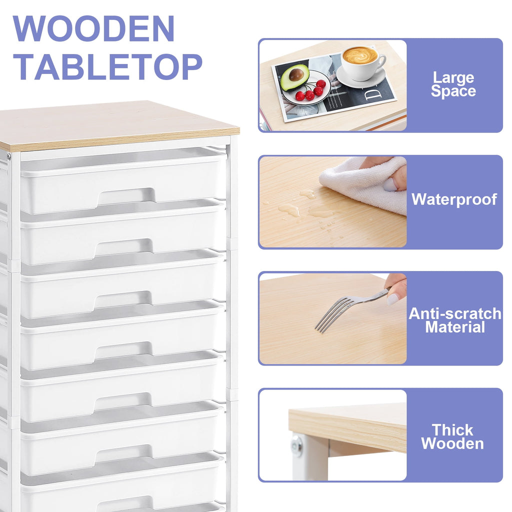 KK KINGRACK Storage Rolling Drawer Cart, Drawer Organizer with 8 Drawers and Wooden Tabletop, Metal & Plastic, White