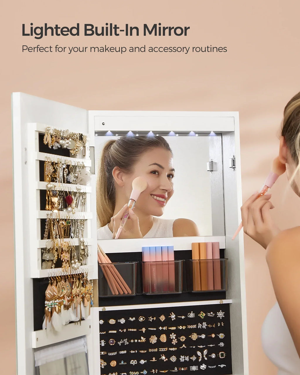SONGMICS LED Mirror Jewelry Cabinet With Full-Length Mirror, 21.59in D x 21.59in W x 62.59in H