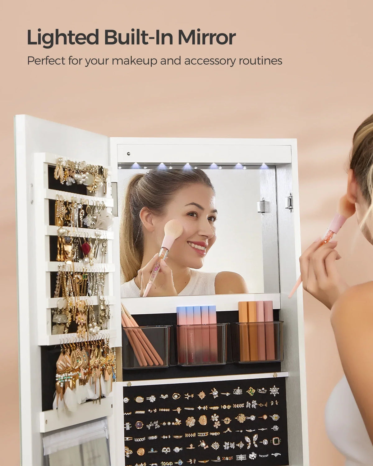 SONGMICS LED Mirror Jewelry Cabinet With Full-Length Mirror, 21.59in D x 21.59in W x 62.59in H
