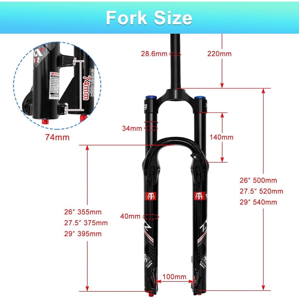 ZTZ 26/27.5/29 inch MTB Air Suspension Fork, Upgraded 34mm Stanchions & 140mm Travel, Rebound Adjust, Straight Steerer, 9x100mm QR, Manual Lockout
