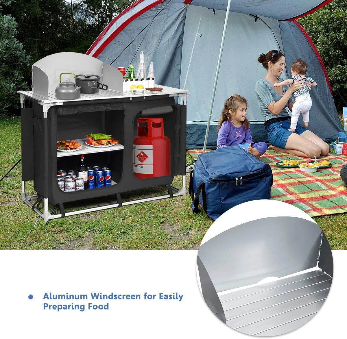 Treasual Portable Camping Kitchen Table, 48 Inch x 21.5 Inch, Windscreen And Storage Organizer