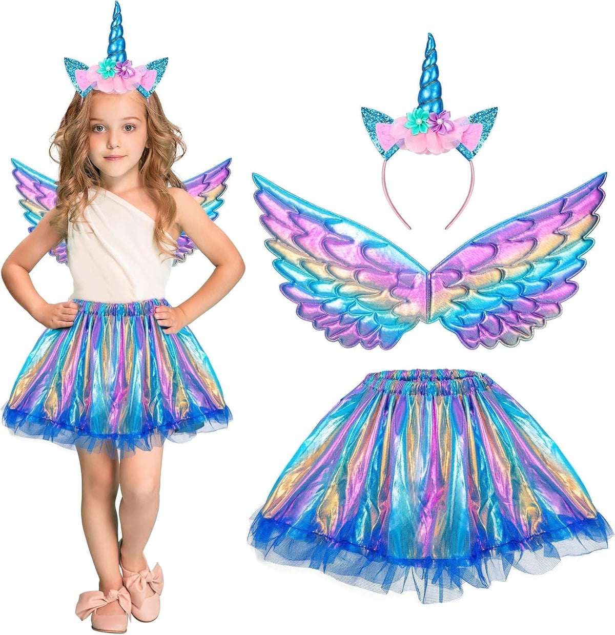 Unicorn Costume for Girls, Tutu Skirt Wings Unicorn Headband Princess Outfit for Birthday Halloween Christmas Cosplay Dress Up