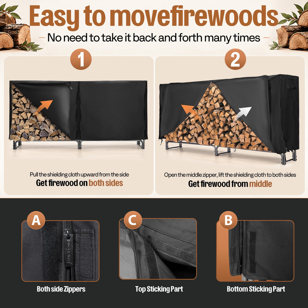 SPECSTAR 8ft Heavy Duty Indoor Outdoor Firewood Storage Log Rack with Cover Combo Set Black