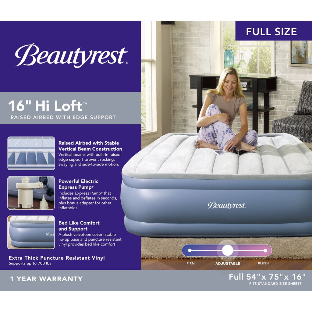 Beautyrest Hi Loft 16" Full Size Air Mattress with External Pump - Blow up Air Bed 1-Year