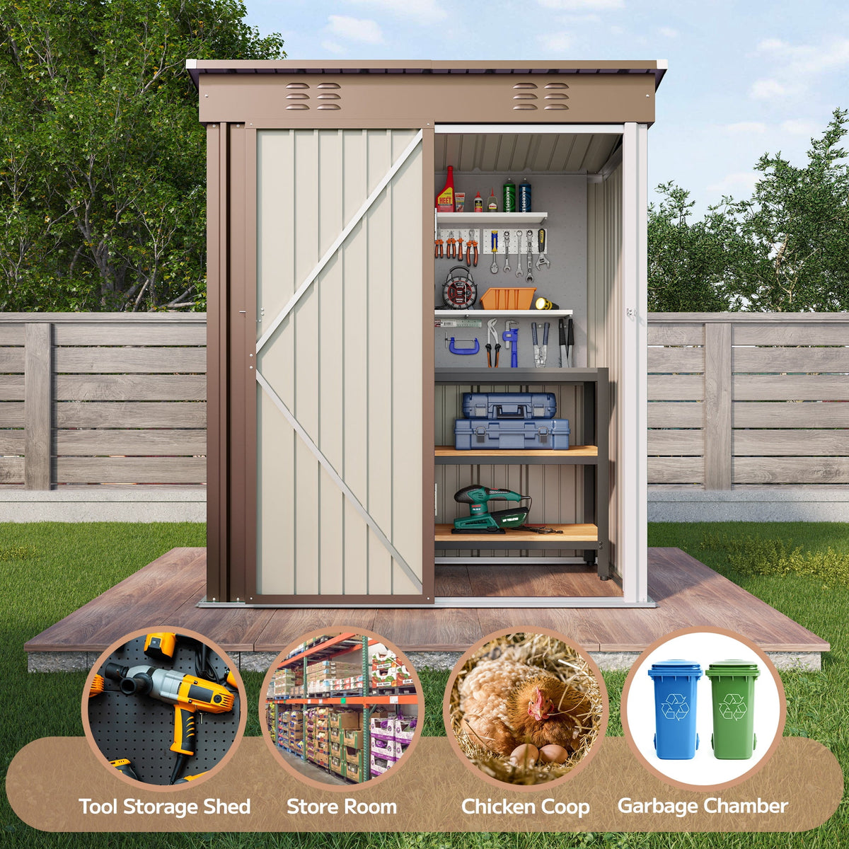 Asofer Outdoor Metal Storage Shed, 5' x 3' ft Lockable Single Door Garden Tool Shed, Brown for Backyard Patio