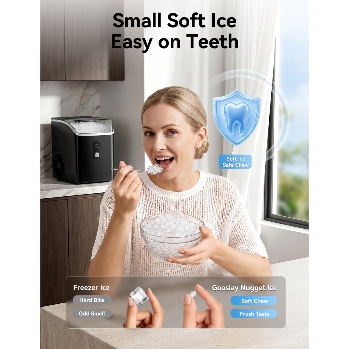 Goosiay Slim Countertop Nugget Ice Maker Machine, 33lb per Day Mini Compact Chewable Pebble Crushed Portable Ice Maker, Black