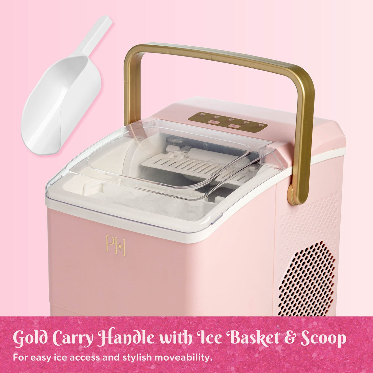 Paris Hilton Portable Ice Maker, Compact Countertop Ice Machine with Scoop, 26 lbs/Day, Pink