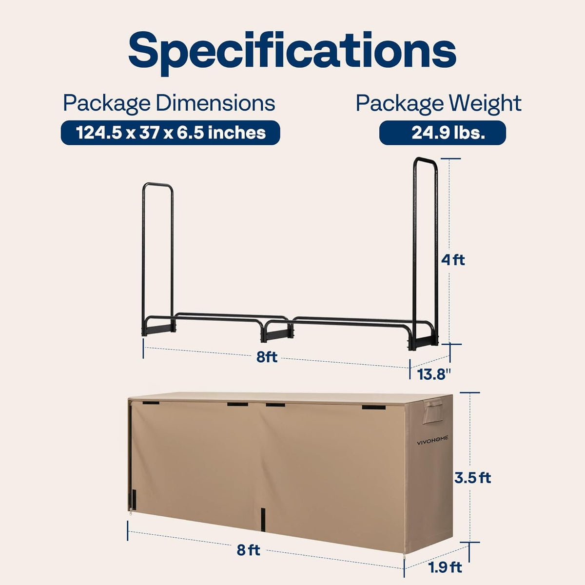 SPECSTAR 8 ft Heavy Duty Firewood Rack Outdoor with Cover, Fire Wood Storage Rack, Log Holder and Cover Combo Set with Zipper, Brown