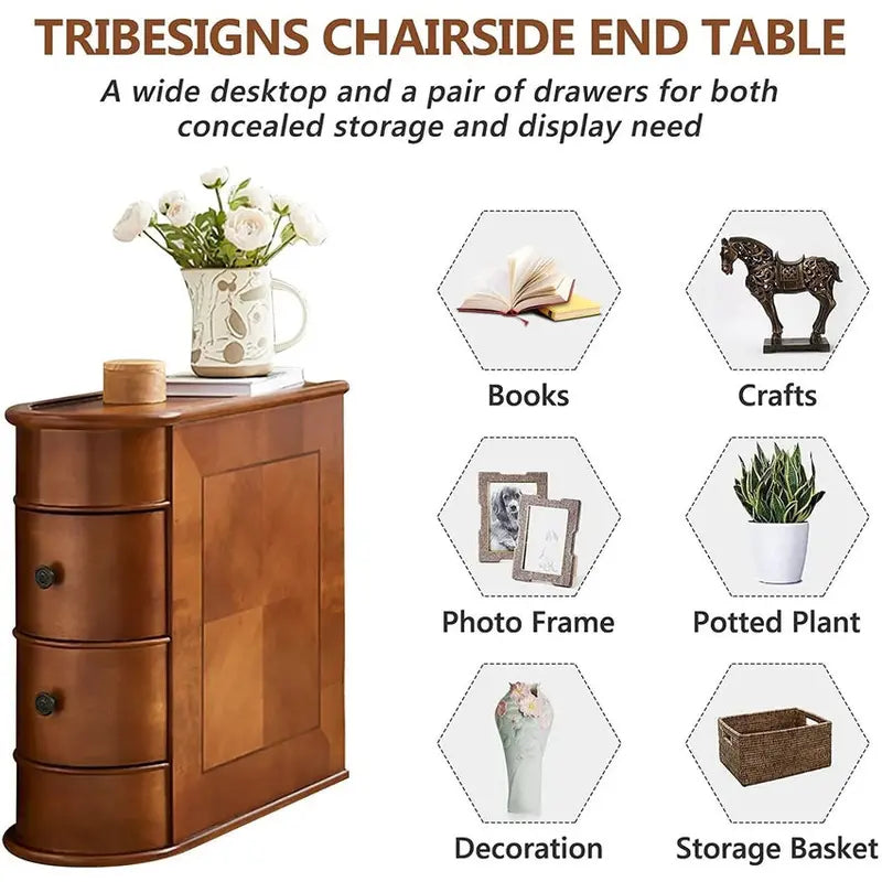 Solid Wood Chairside End Table, Two Drawers, 23.62'D x 10.63'W x 23.62'H