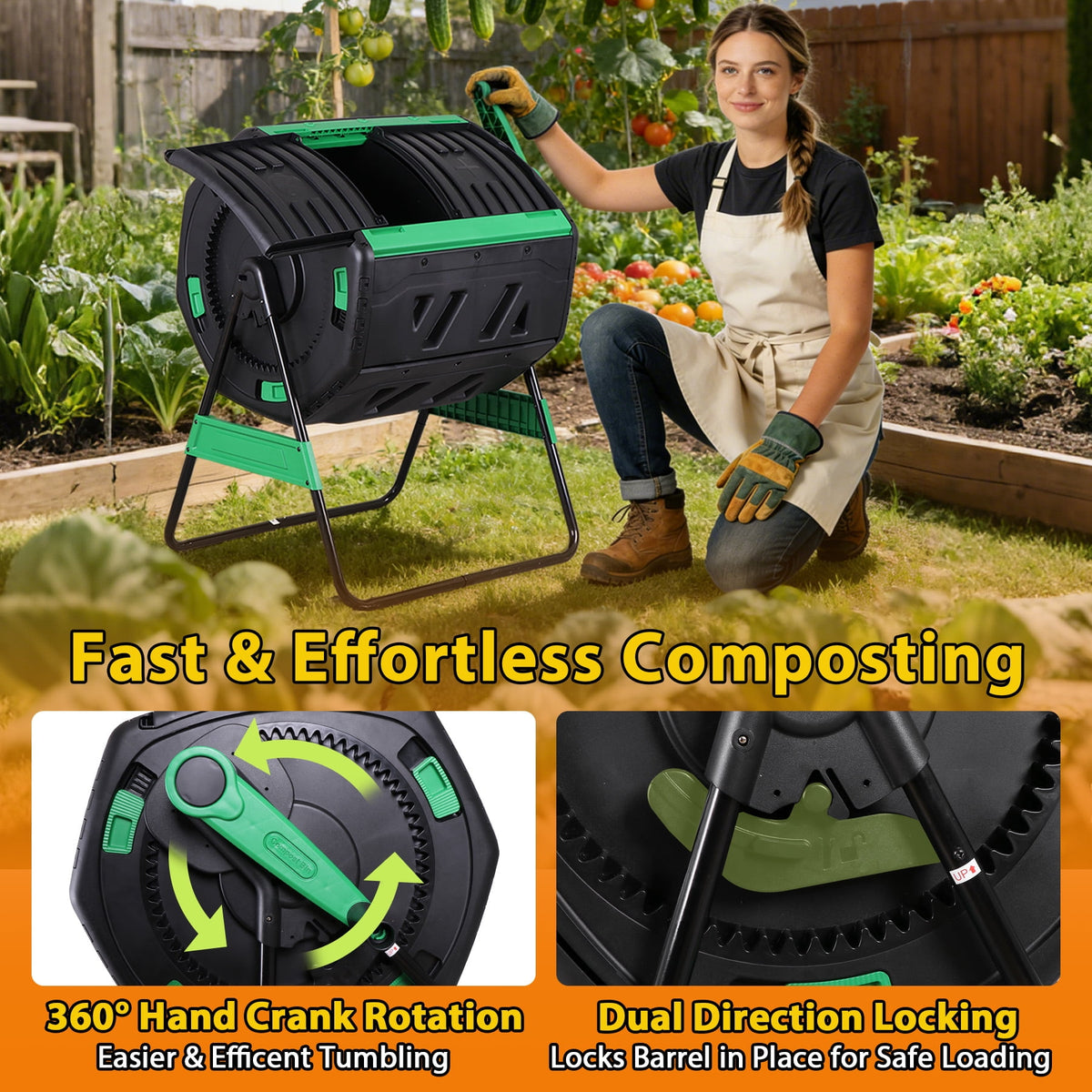 HomGarden 53-Gal Composting Tumbler Dual Chamber Rotating Compost Bin W Sliding Doors & Handle, BPA Free for Outdoor Garden