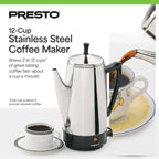 Presto Stainless Steel Percolator Coffee Maker, 2 To 12 Cups, Silver