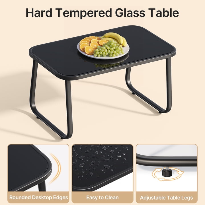 4-Piece steel Patio Furniture Set, Outdoor Leisure Table & Chair Combination with Tempered Glass Coffee Table, Ideal for Porch, Garden & Lawn Black