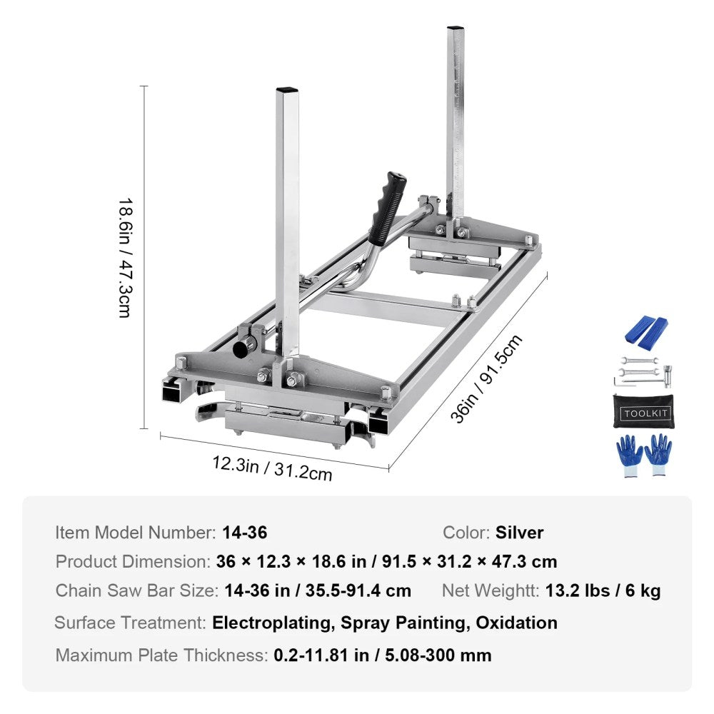 VEVOR Chainsaw Mill, Galvanized Steel, 14-36 in Guide Bar, 0.2-11.81 in Cutting Thickness