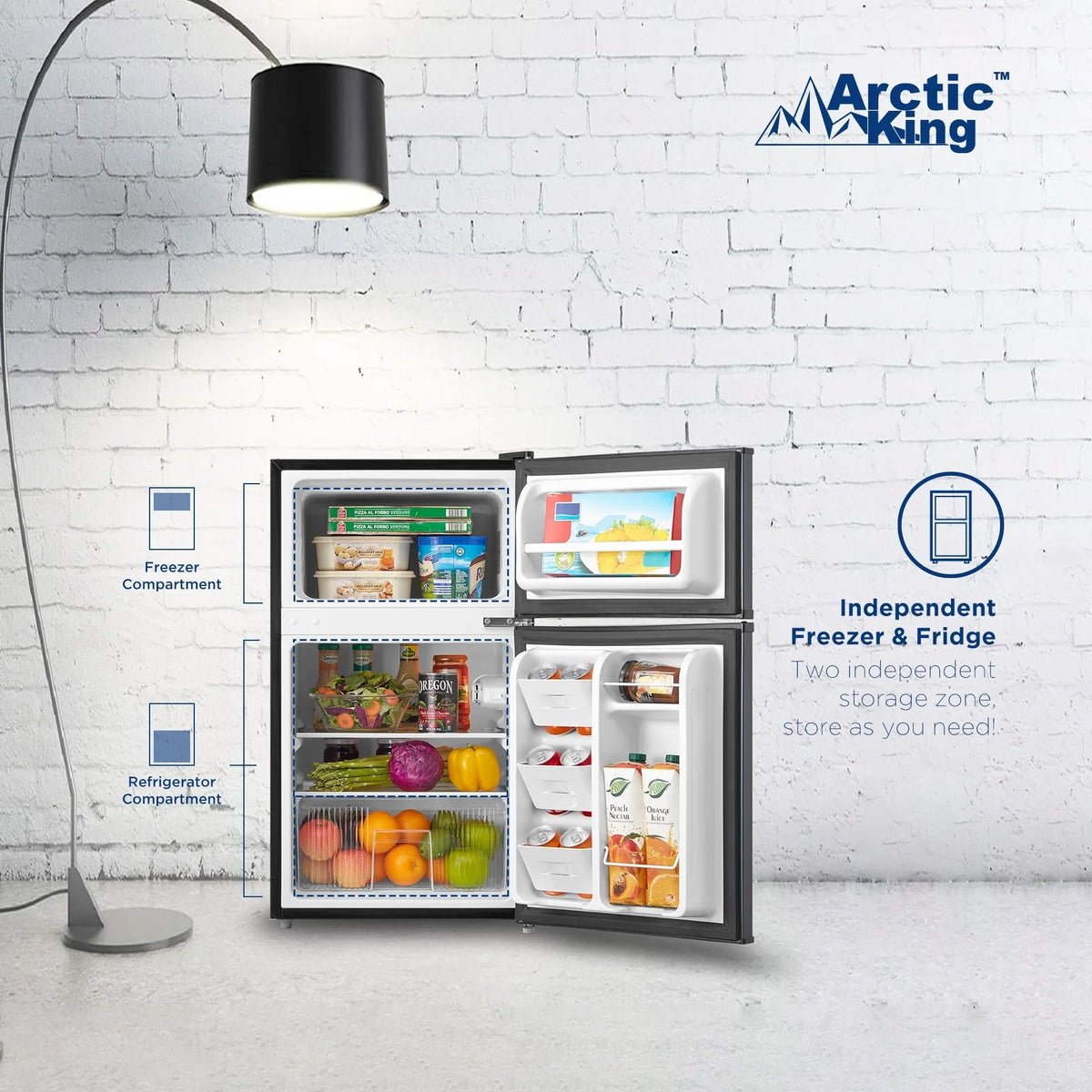 Arctic King Two-Door Mini Fridge With Freezer, 3.2 Cu. Ft., Stainless Steel