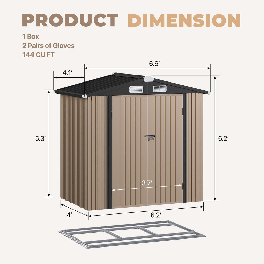 BaPiPro 6.2x4 FT Outdoor Storage Shed with Integrated Base - Heavy-Duty Metal Garden Tool Shed with Vents & Secure Locking Doors, Stable Frame