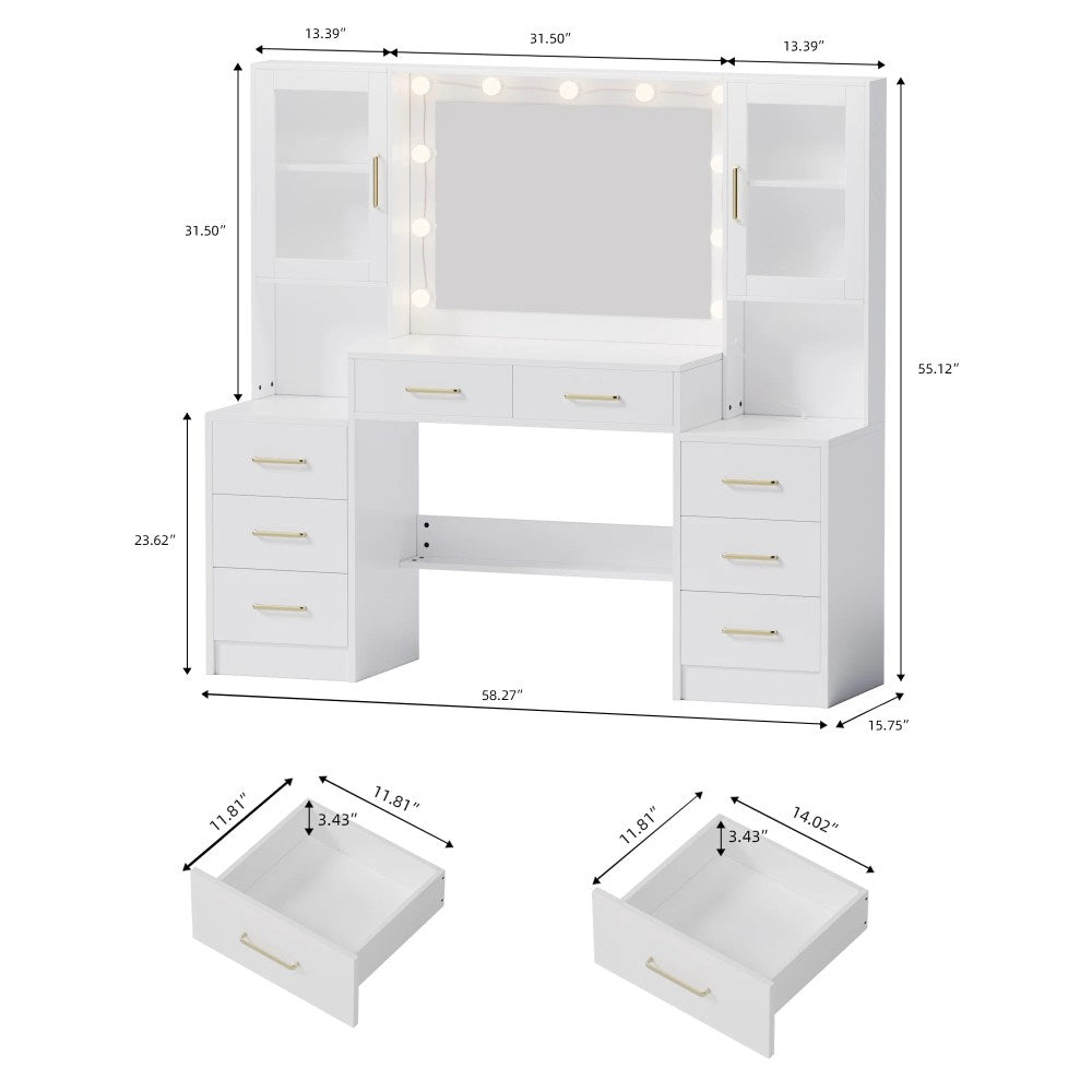 UGTOO LED Makeup Vanity Desk With Mirror, 58.27in, 10 Adjustable LED Bulbs, 8 Drawers, 2 Cabinets, White