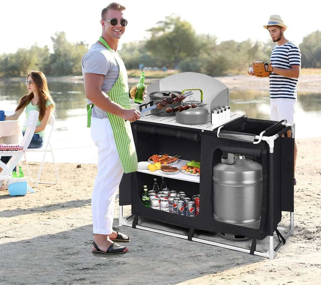 Treasual Portable Camping Kitchen Table, 48 Inch x 21.5 Inch, Windscreen And Storage Organizer