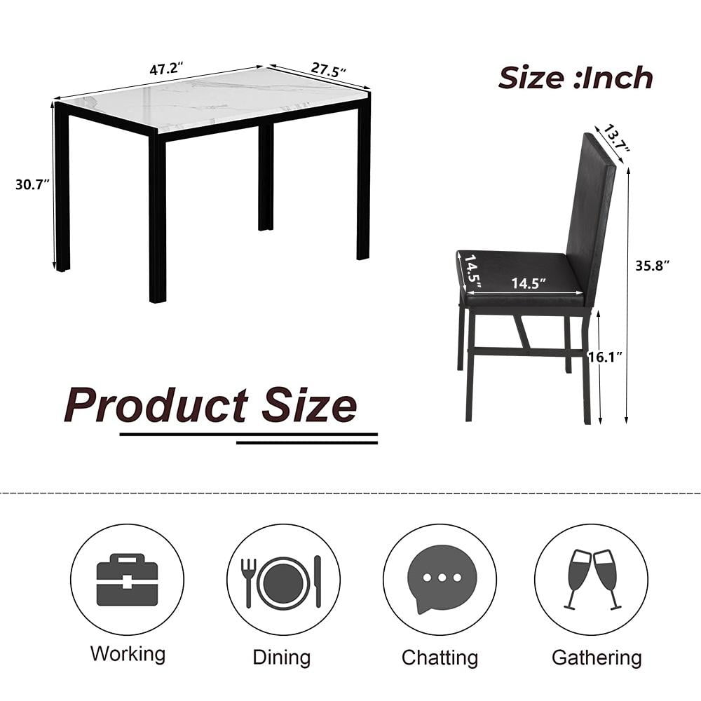 5 Piece Kitchen Dining Table and Chair Set, Dining Room Table Set with Faux Marble Table PU Leather Padded Chairs, Rectangle Dining Table Set for 4
