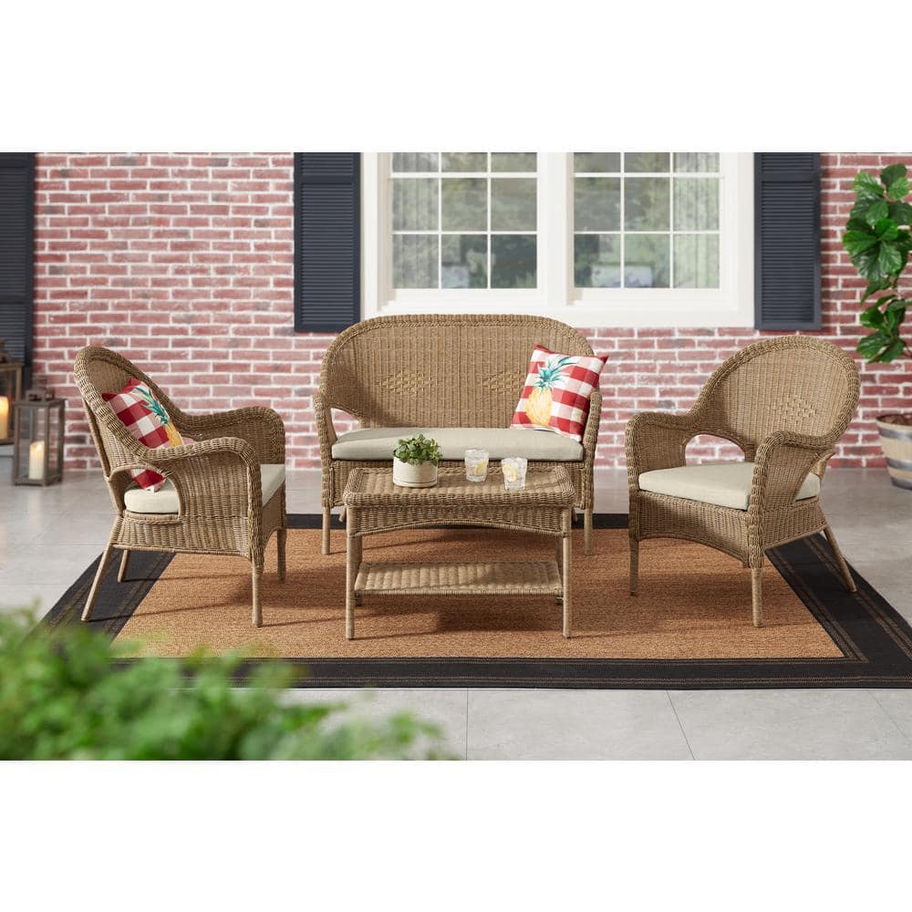 Hampton Bay Rosemont Light Brown Steel Wicker Stackable Outdoor Patio Lounge Chair With Putty Tan Cushion - 65-91-1BR-996