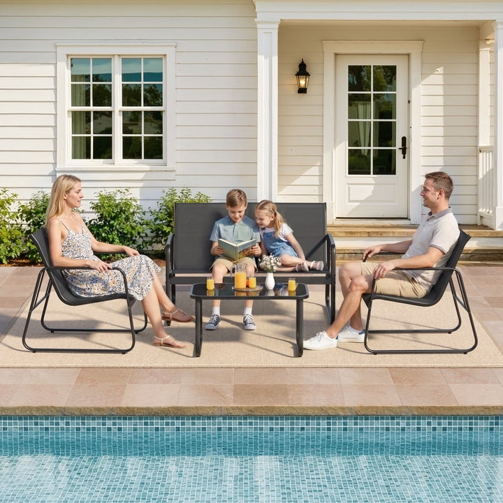 4-Piece steel Patio Furniture Set, Outdoor Leisure Table & Chair Combination with Tempered Glass Coffee Table, Ideal for Porch, Garden & Lawn Black