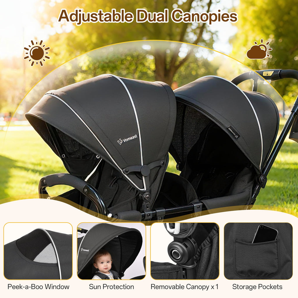 Vomeast Double Stroller for Twins, Foldable Lightweight Travel Stroller for Infant and Toddler, 5-Point Harness, Adjustable Canopy & Reclining Seat