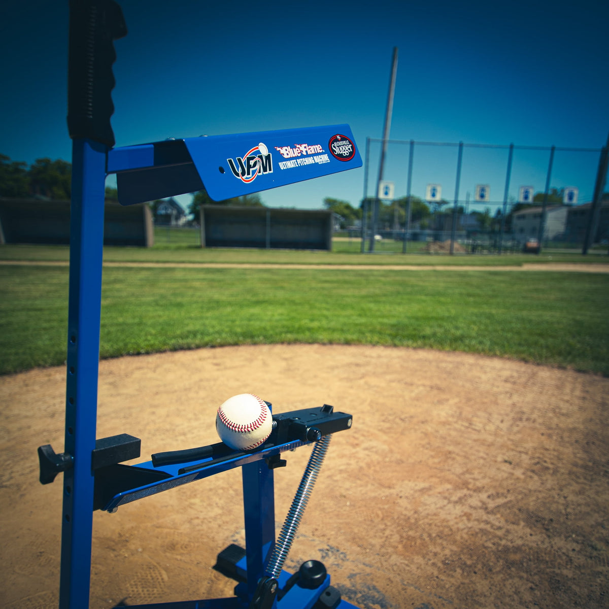 Louisville Slugger Blue Flame Pitching Machine – Manual Baseball & Softball Trainer, Throws Up to 60 MPH, Youth & Adult Practice Tool