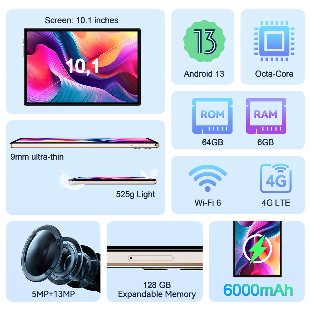 VEAT00L Tablet,10.1 inch Android 13 Tablets 2026,6GB RAM 64GB ROM 128GB Expand,Octa-Core Processor up with 5G WiFi,1280x800 IPS HD Touchscreen