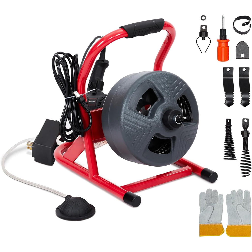 50Ft x 5/16 Inch Drain Cleaner Machine, Professional Electric Drain Auger for 3/4-3 Inch Pipes, Foot Switch with 6 Cutters, Gloves, Drain Auger