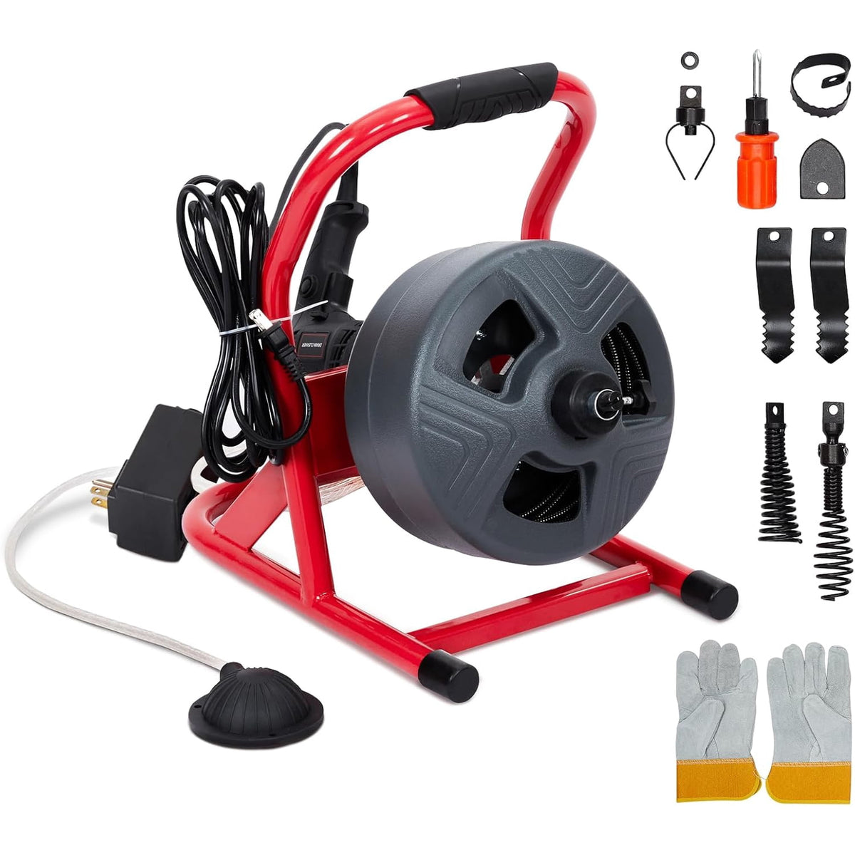 50Ft x 5/16 Inch Drain Cleaner Machine, Professional Electric Drain Auger for 3/4-3 Inch Pipes, Foot Switch with 6 Cutters, Gloves, Drain Auger