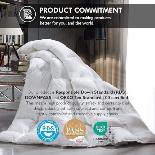 Luxurious King/California King Size Goose Down Fiber Waterfowl Feather Fiber Comforter Duvet, 100% Cotton Cover, 58 oz. Fill Weight, Baffle Box