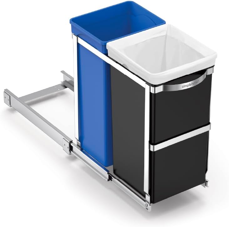 simplehuman 35 Liter / 9.3 Gallon Dual Compartment Under Counter Kitchen Cabinet Pull-Out Recycling Bin and Trash Can, Chrome