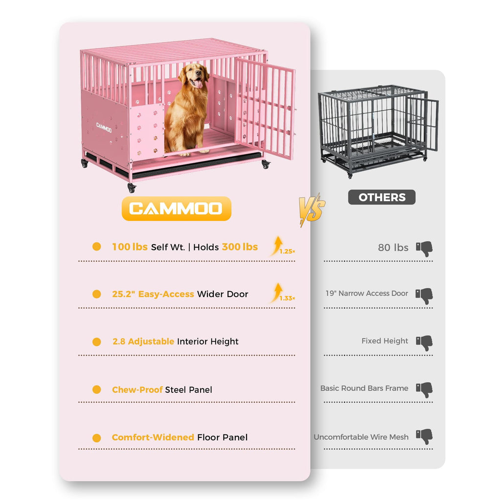 CAMMOO 48" Foldable Heavy Duty Dog Crate Cage for Large Dogs,XL Dog Kennel Indoor,4 Lockable Wheels,Widened Floor Panel,Adjustable Internal Height