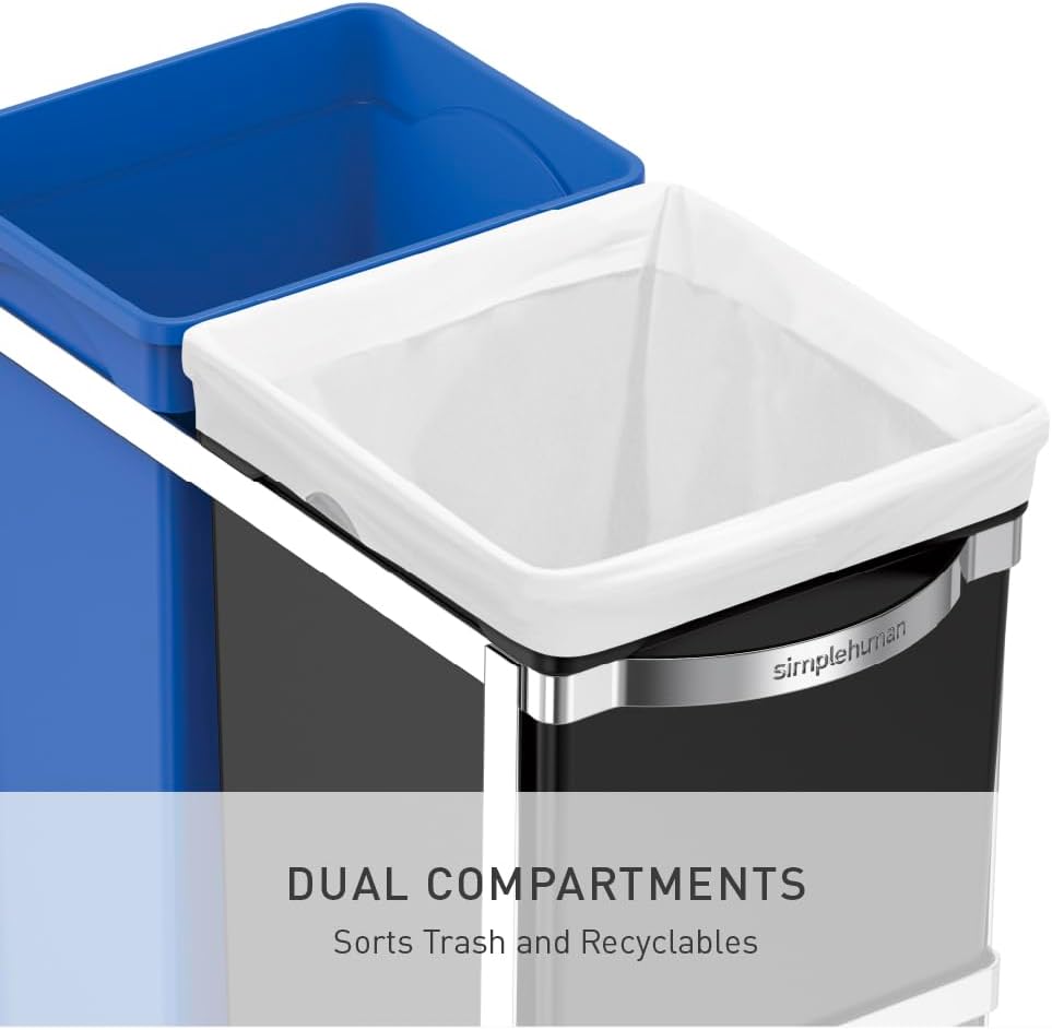 simplehuman 35 Liter / 9.3 Gallon Dual Compartment Under Counter Kitchen Cabinet Pull-Out Recycling Bin and Trash Can, Chrome