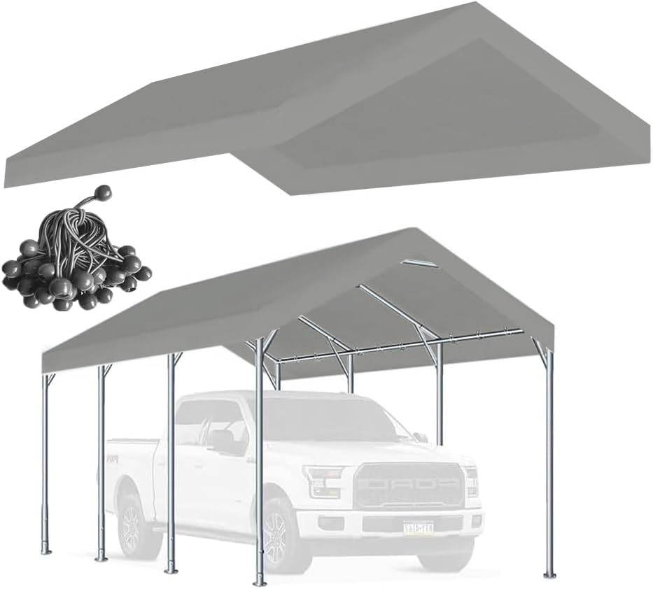 Rutile 10 x 20 FT Carport Replacement Cover, Heavy Duty Car Tarp Canopy Tent Replacement Top w/Ball Bungees Gray (Only Top Cover, Frame is not