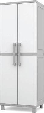 Keter Storage Cabinet with Doors and Shelves for Laundry Room, Garage, Bathroom Accessories, Closet and Home Organization, White & Grey