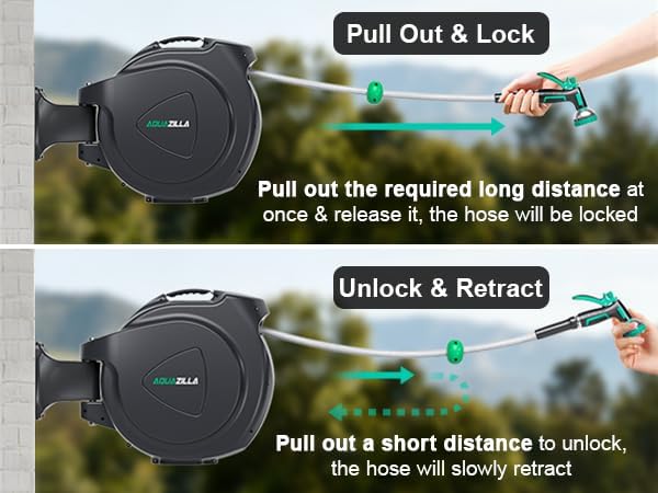 Retractable Garden Hose Reel, 65FT +6FT 5/8" Durable Wall Mounted Water Hose Reel with 180° Swivel Bracket, 9 Pattern Sprayer, 6Ft leader hose,Smooth