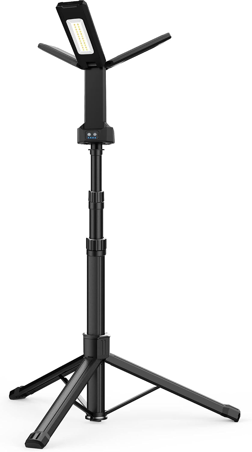 Rechargeable LED Work Light with Stand, Aluminum 67" Portable Cordless Work Light, 8AH Battery, 500/1500/2500 Lumen, 4000/6500K Dimmable Camping