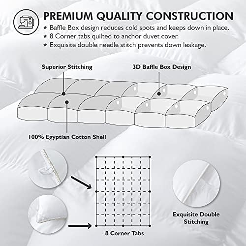 Luxurious King/California King Size Goose Down Fiber Waterfowl Feather Fiber Comforter Duvet, 100% Cotton Cover, 58 oz. Fill Weight, Baffle Box