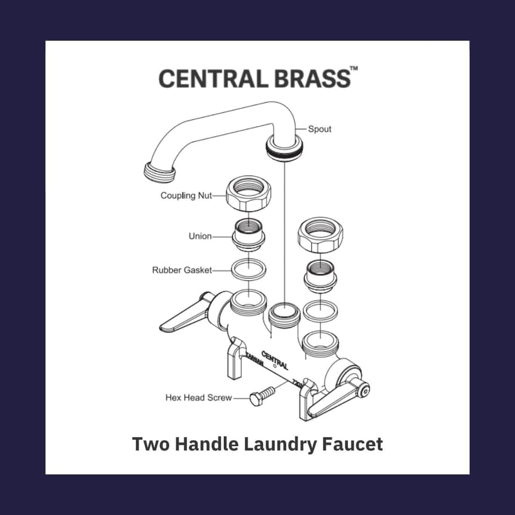 Central Brass Two Handle Laundry Faucet Heavy Duty Rough Brass 6" wall Mounted Reach Tube Swivel Spout, 0465