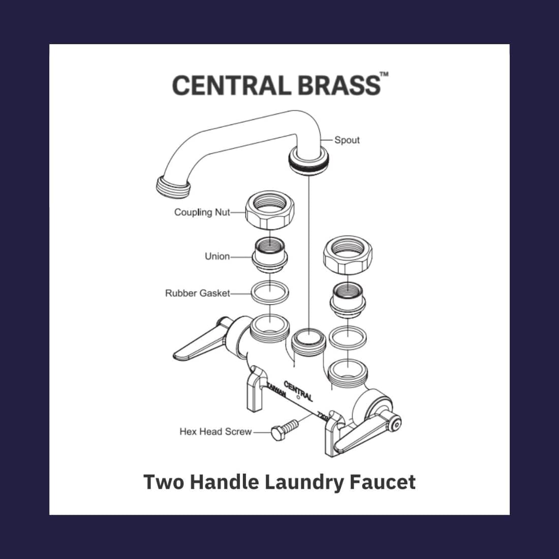 Central Brass Two Handle Laundry Faucet Heavy Duty Rough Brass 6" wall Mounted Reach Tube Swivel Spout, 0465