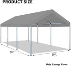 Rutile 10 x 20 FT Carport Replacement Cover, Heavy Duty Car Tarp Canopy Tent Replacement Top w/Ball Bungees Gray (Only Top Cover, Frame is not