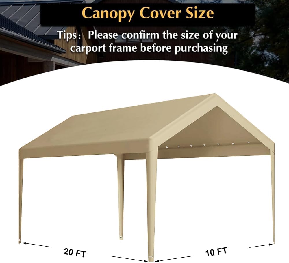 Carport Replacement Canopy, Replacement Top Cover for 10' x 20' Carport Frame, 180G PE Fabric Waterproof & UV Protected Tarp with Ball Bungees, Beige