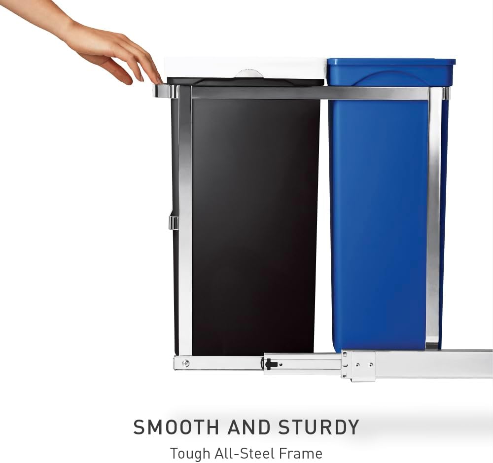 simplehuman 35 Liter / 9.3 Gallon Dual Compartment Under Counter Kitchen Cabinet Pull-Out Recycling Bin and Trash Can, Chrome