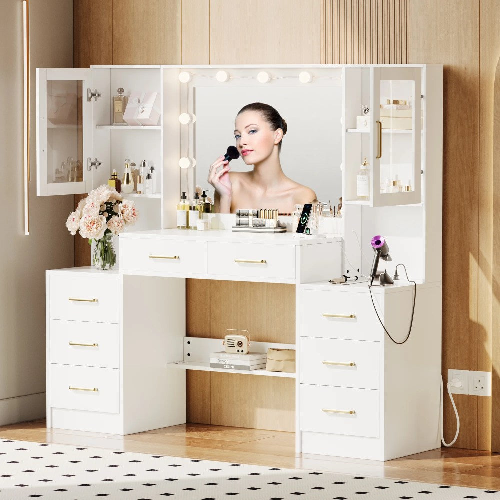 UGTOO LED Makeup Vanity Desk With Mirror, 58.27in, 10 Adjustable LED Bulbs, 8 Drawers, 2 Cabinets, White