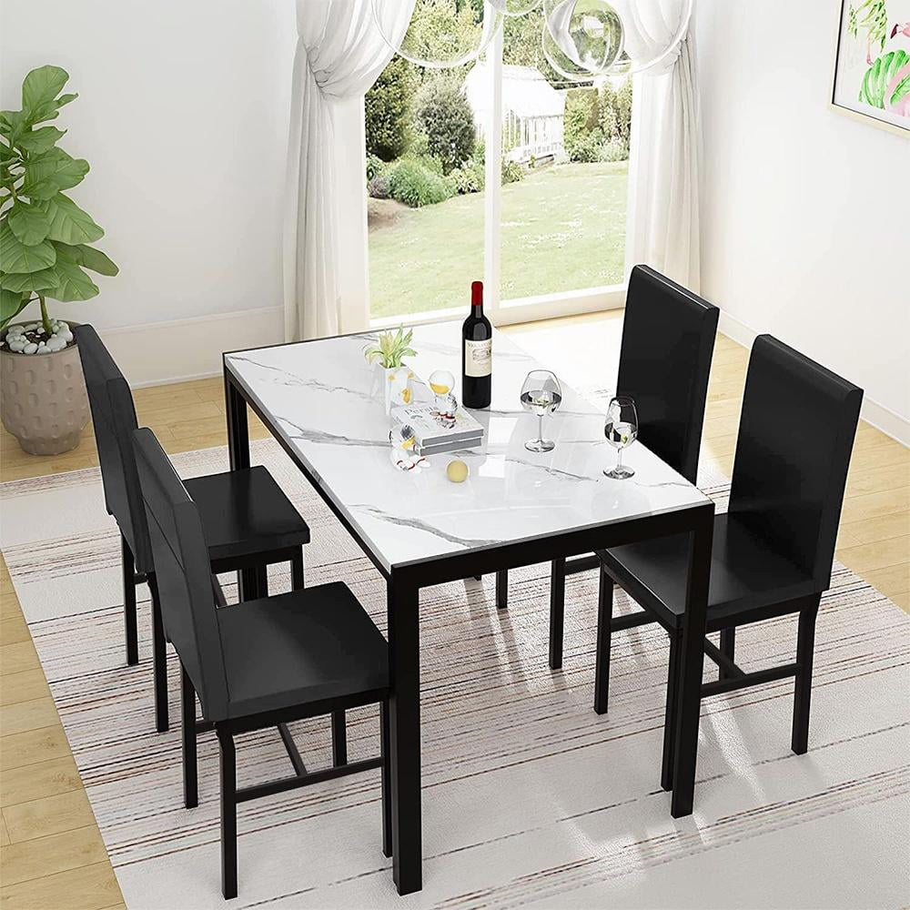 5 Piece Kitchen Dining Table and Chair Set, Dining Room Table Set with Faux Marble Table PU Leather Padded Chairs, Rectangle Dining Table Set for 4
