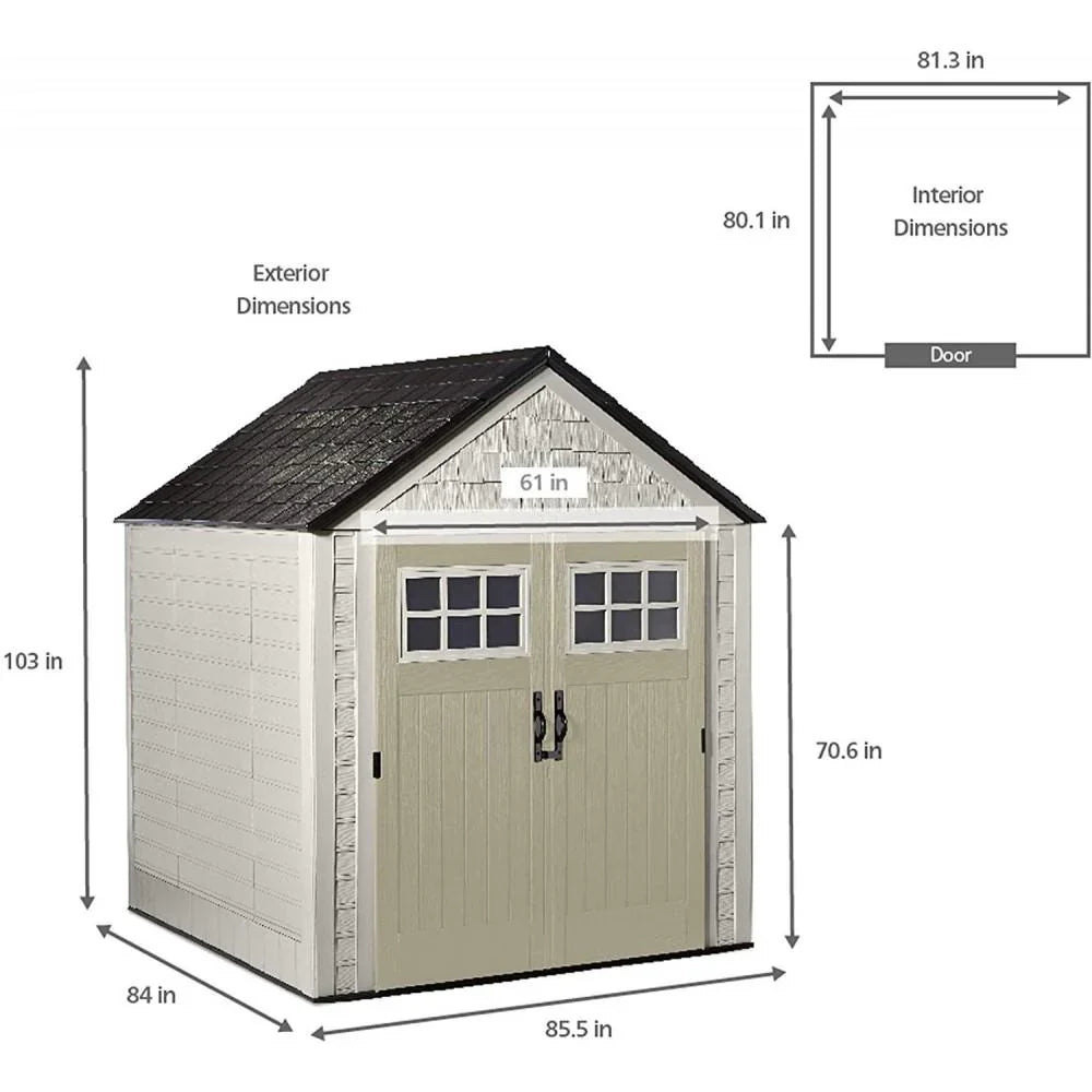 Rubbermaid Resin Outdoor Garden Storage Shed With Windows And Utility Hooks, Sand - 7x7 Ft