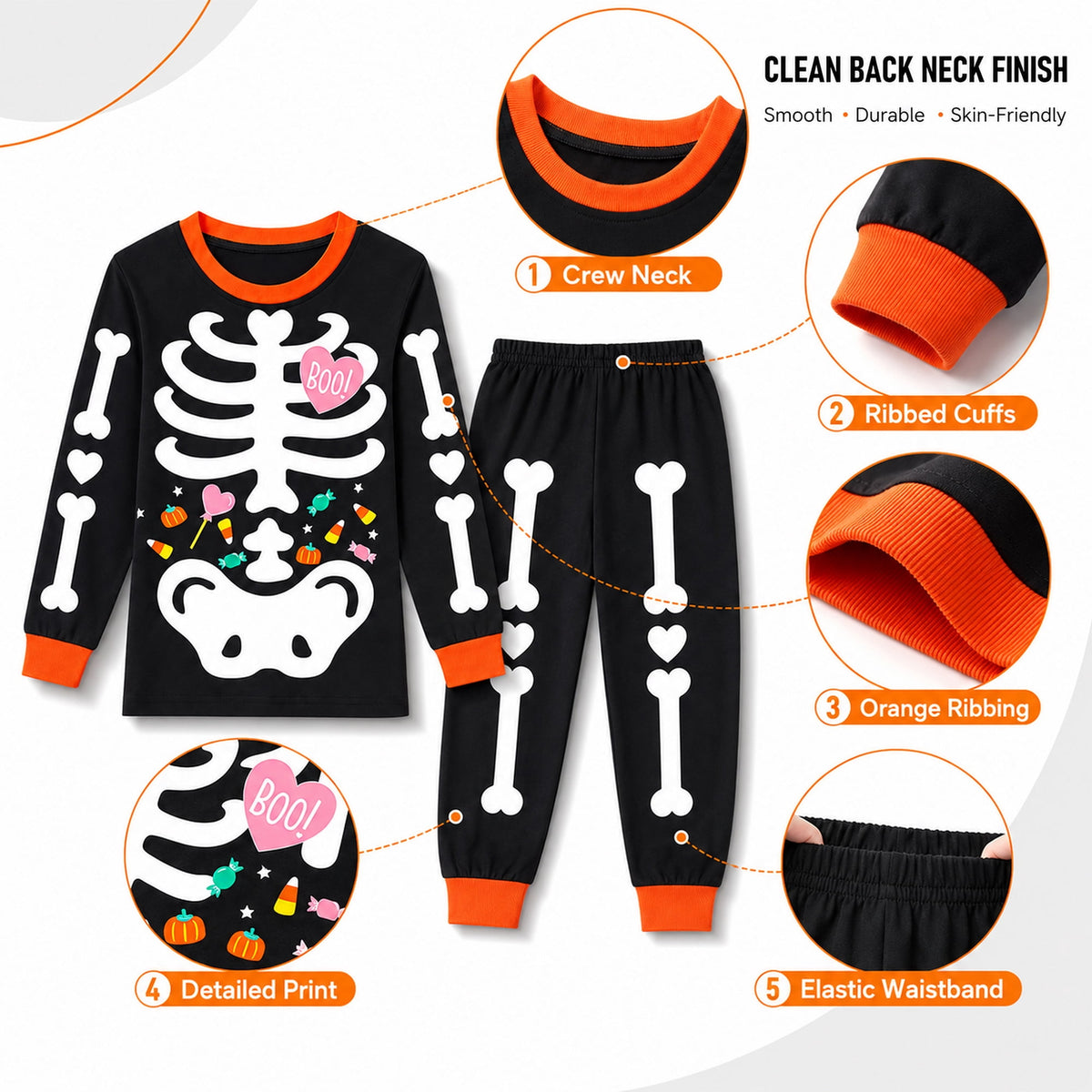 Rimyaw Kids Halloween Pajamas Set, Glow in the Dark Skeleton Sleepwear, 2-Piece cottom Long Sleeve PJs for Boys and Girls, Black
