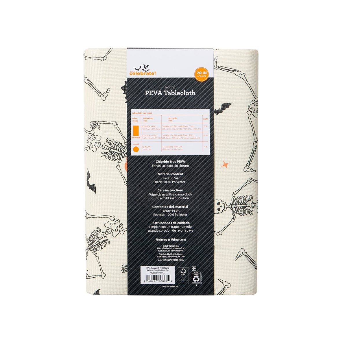 Way To Celebrate Halloween PEVA Tablecloth, For Table 70" Round - Skeleton Pumpkin Head Toss
