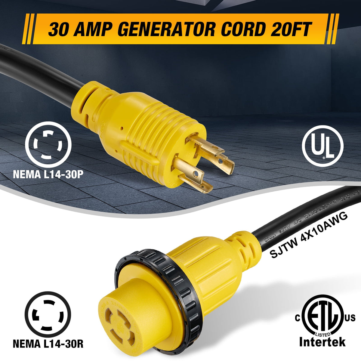 SPEEDWOW 20 FT 30 Amp RV Extension Cord, 125/250V Heavy Duty Extension Cord with Generator Inlet Box, SJTW 4X10AWG ETL Listed, NEMAL14-30P to 14-30R