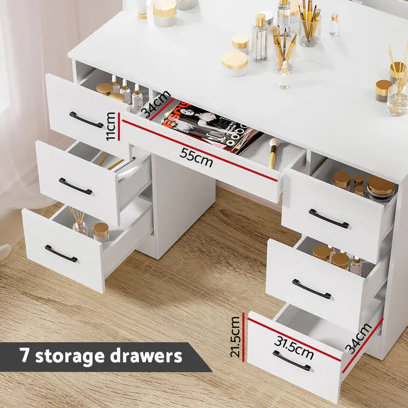 Artiss Dressing Table Set, 7 Drawers, LED Mirror, Stool, 10 Bulbs, White - Debbie